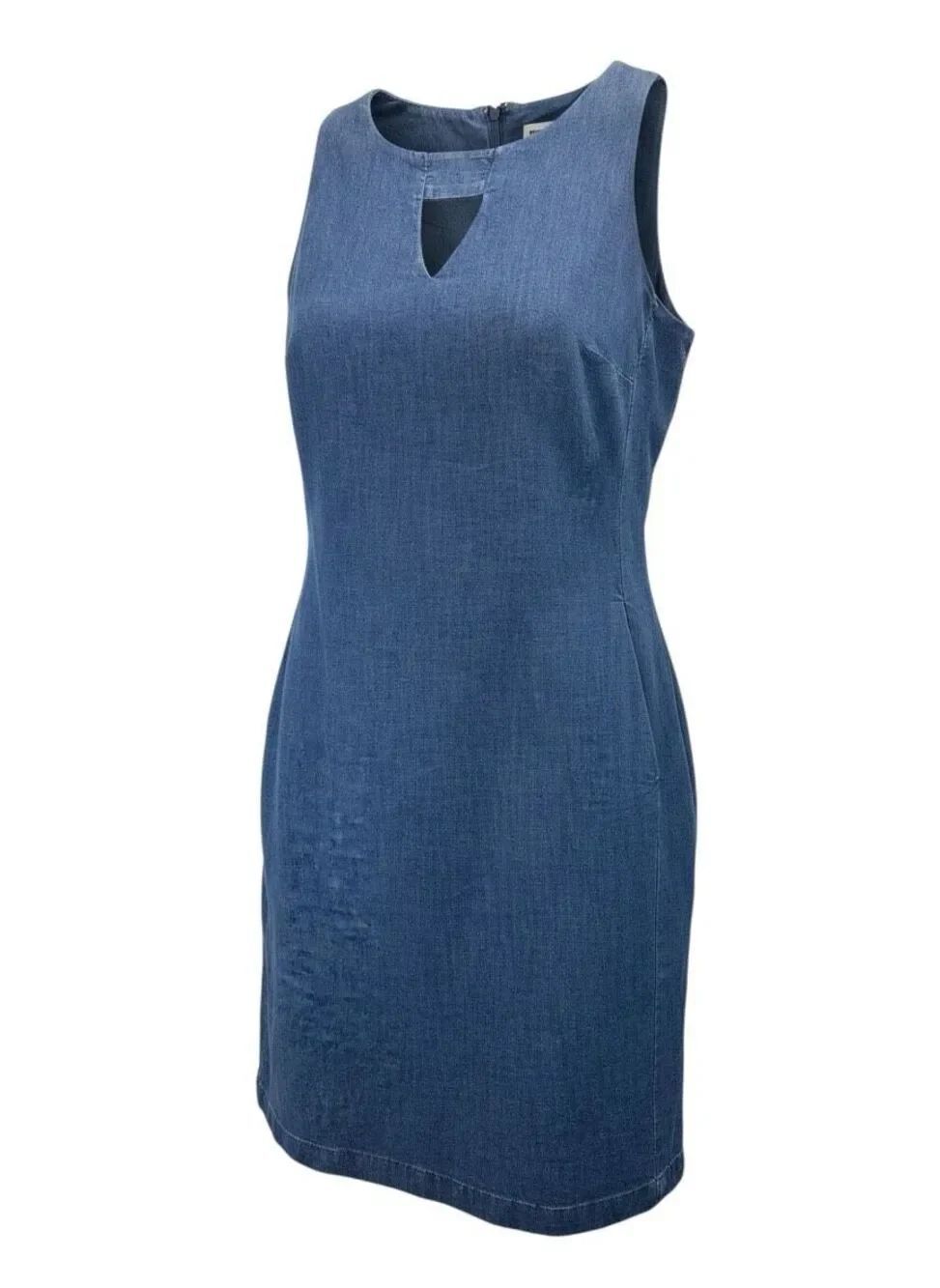 Anne Klein Denim Preppy Classic Keyhole Sleeveless Shift Dress Pockets Blue 8